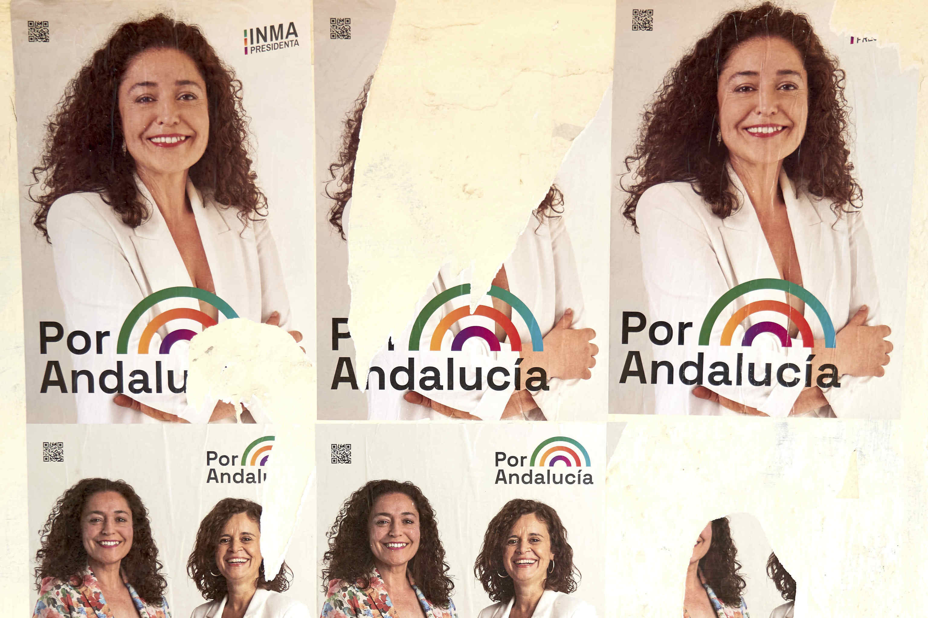 Carteles electorales de Por Andalucía, con las fotos de Inma Nieto y Esperanza Gómez (Más País).