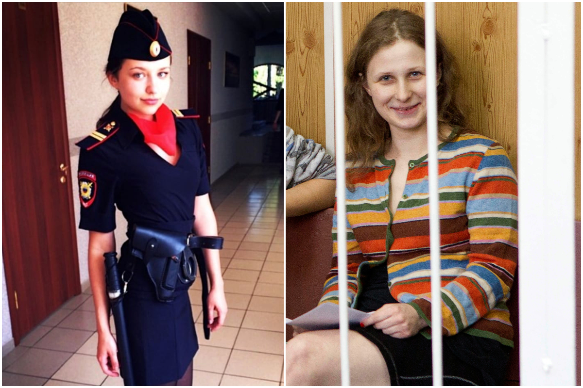A la izquierda Olga Borisova con un uniforme de polica. A la derecha, Mara Aliojina en una celda durante por su proceso por "hooliganismo".