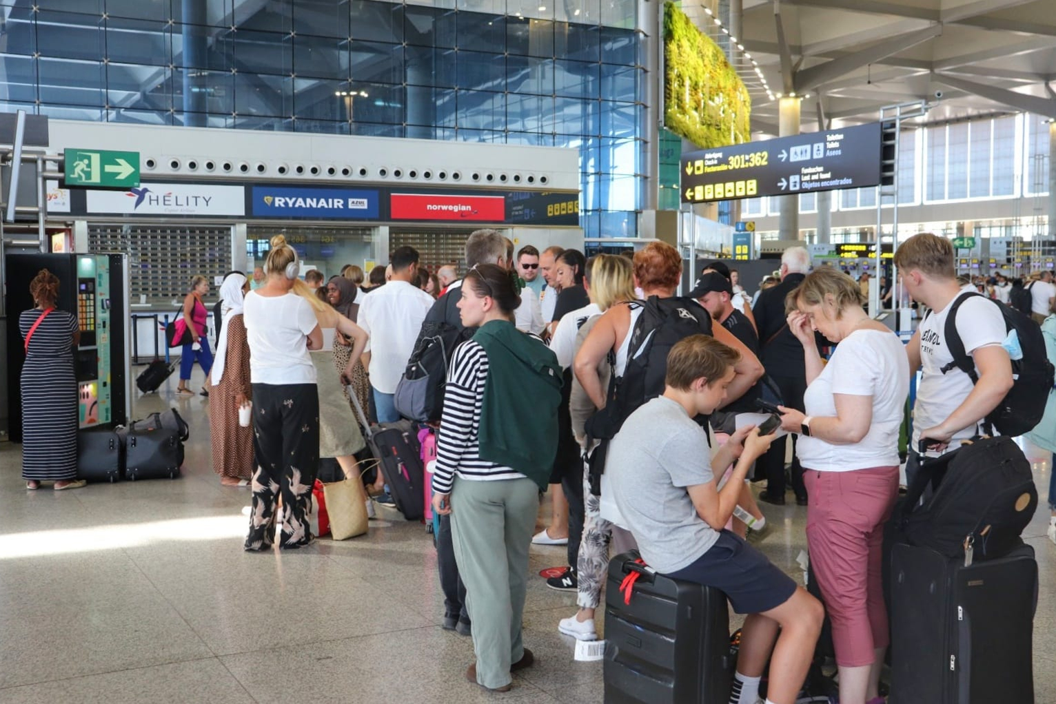 Colas de turistas este domingo en el aeropuerto de Málaga debido a la huelga en Ryanair.