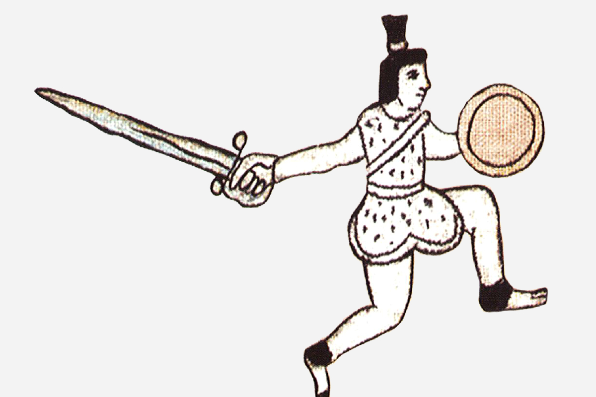 Guerrero originario del centro de México, 
en combate junto a los españoles durante la conquista 
de Guatemala. Lleva escudo y una espada española. 
La imagen procede del Lienzo de Quauhquechollan