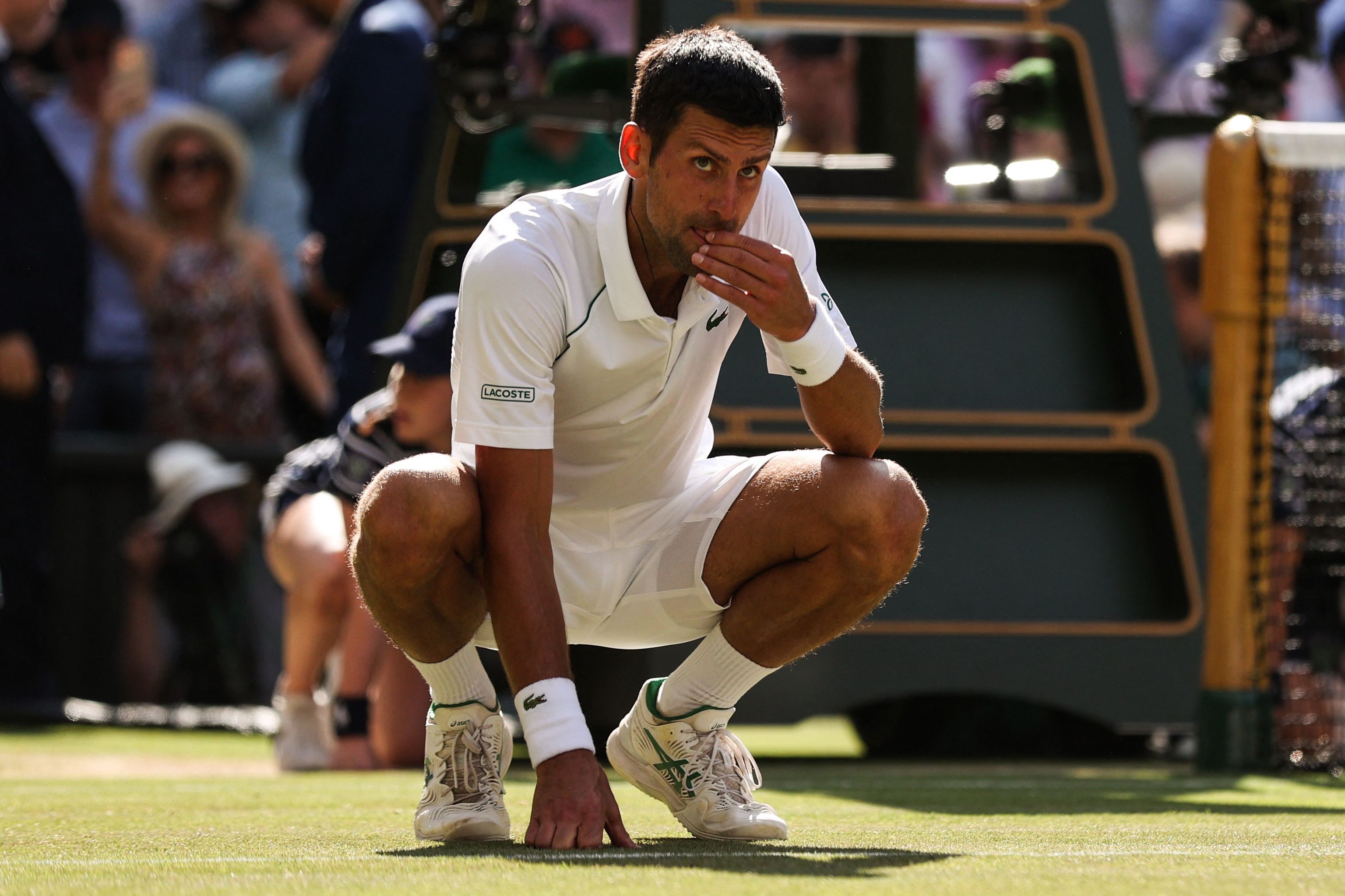 Djokovic saborea la hierba de la Pista Central de Wimbledon.