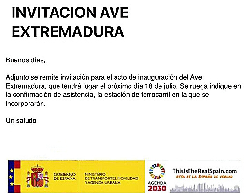 Primera invitación al estreno del AVE Extremadura.
