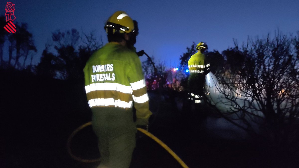 Bomberos forestales de la Generalitat de Onda y Segorbe trabajando en la extincin del  incendio en Coves de Vinrom este domingo.