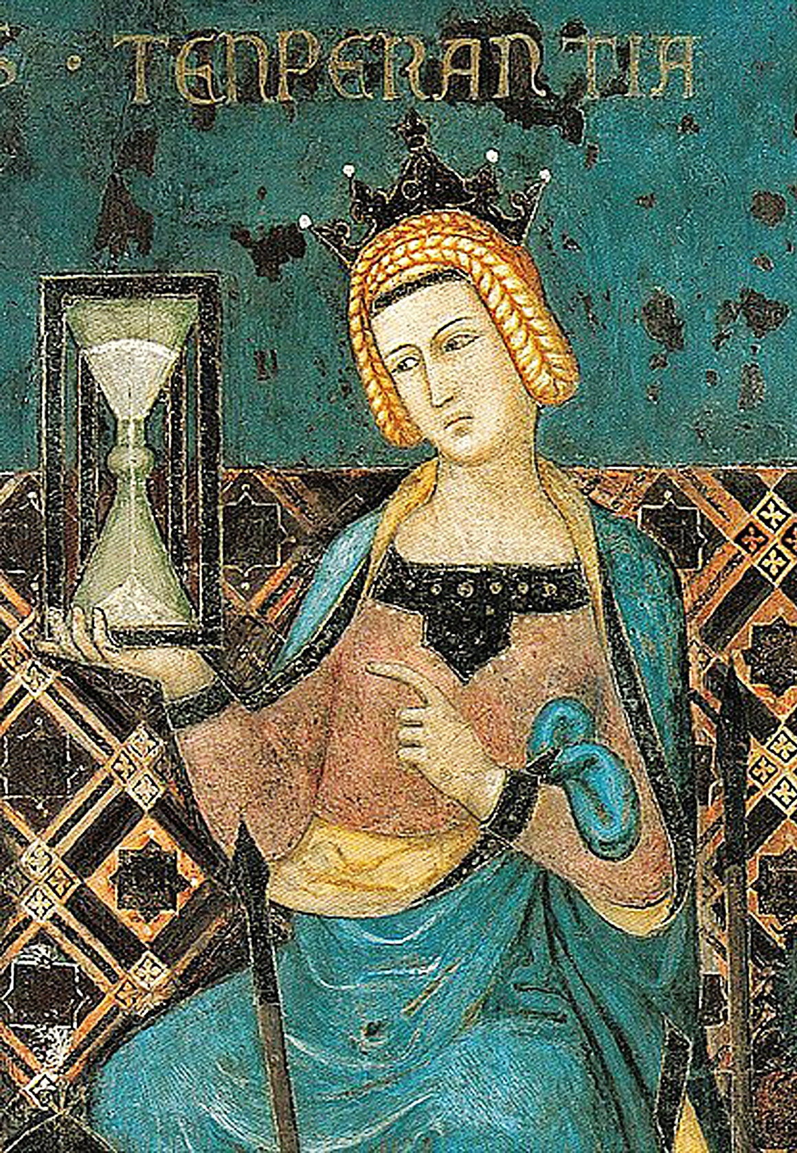La Templanza sosteniendo un reloj de arena, fresco de Ambrogio Lorenzetti (1338)