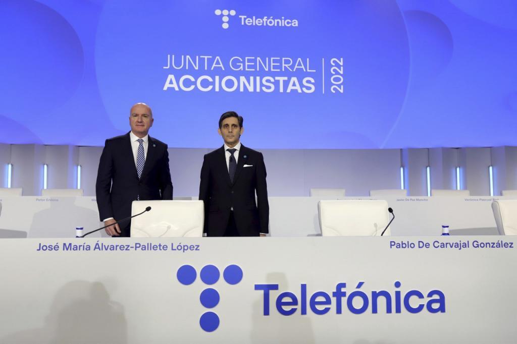 El presidente de Telefónica, José María Álvarez Pallete, en la última  junta de accionistas de la compañía.