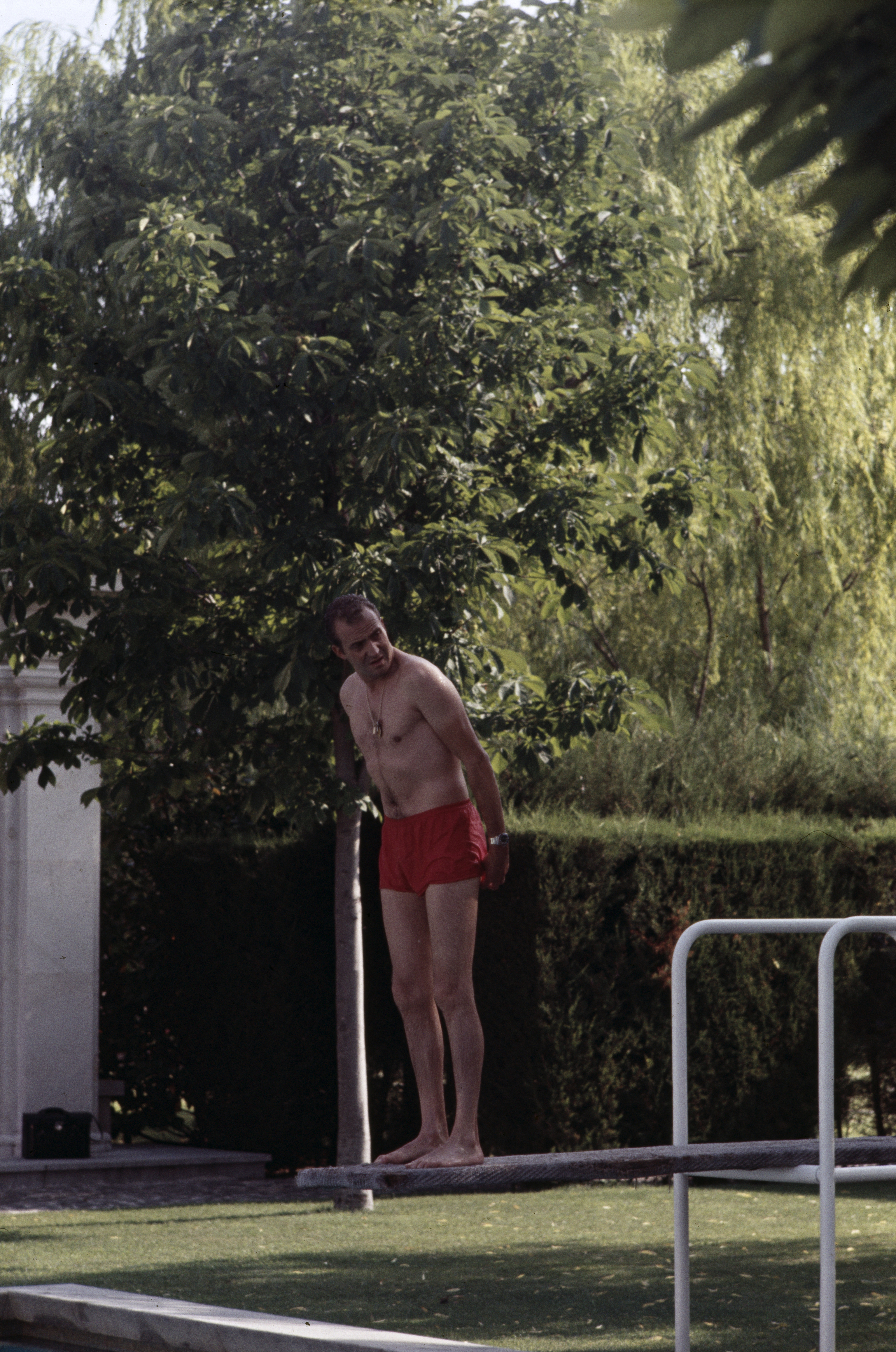 El Prncipe Juan Carlos, en el trampoln de la piscina del Palacio de la Zarzuela, en julio de 1971.