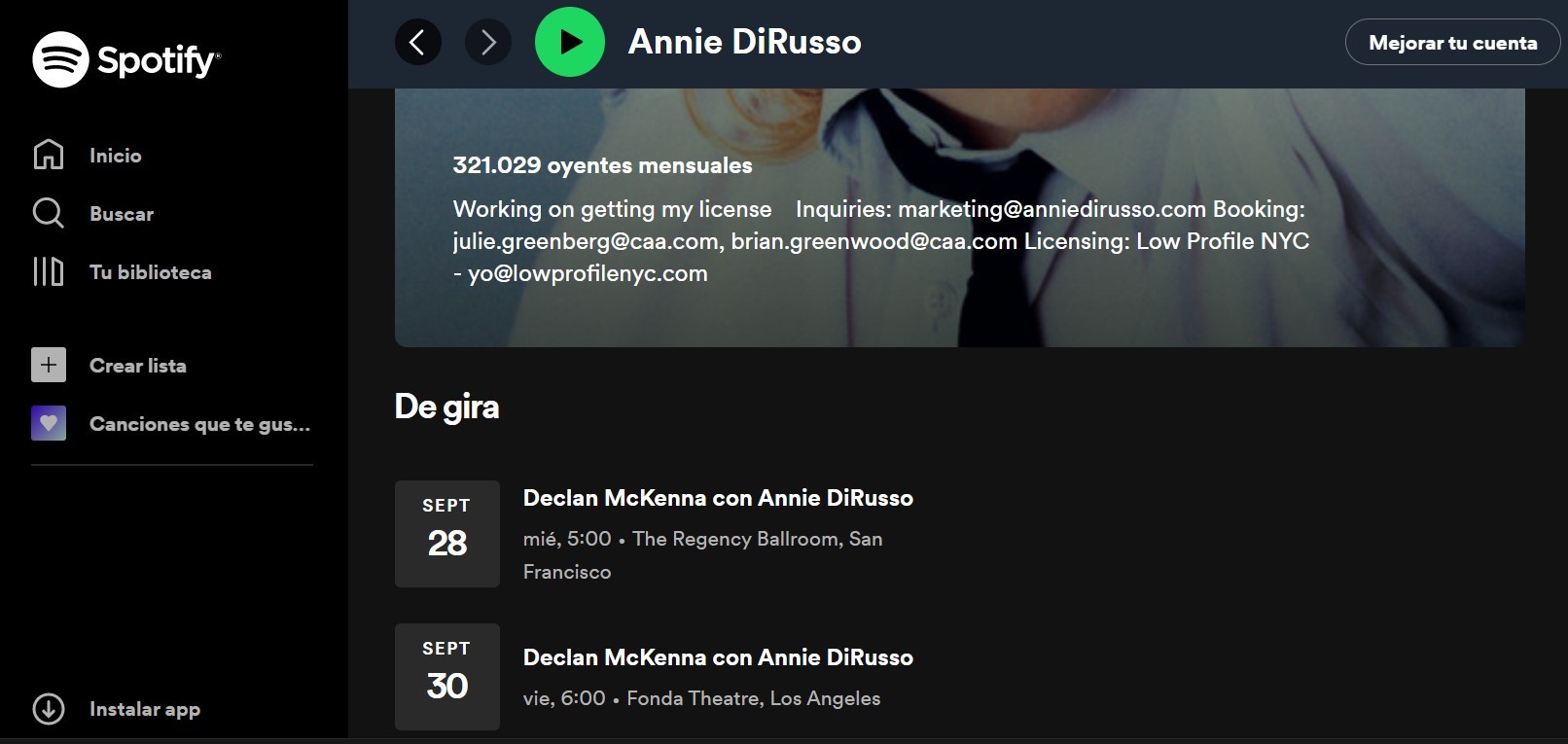 Annie DiRusso, una de las artistas que ofrece la posibilidad de comprar entradas a través de Spotify.