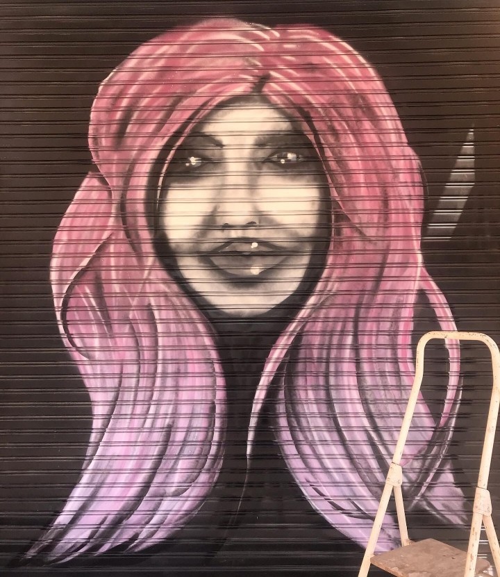 Uno de los grafitis dibujados por Jorge en una  persiana de una peluquería  en Valencia.