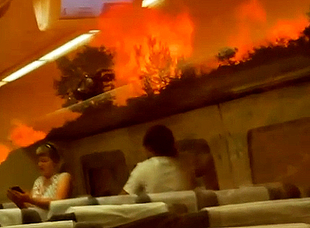 Una imagen del interior del tren que hacía el trayecto Valencia-Zaragoza, rodeado de llamas.