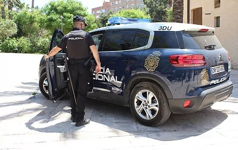 Un coche y un agente de la Polica Nacional.