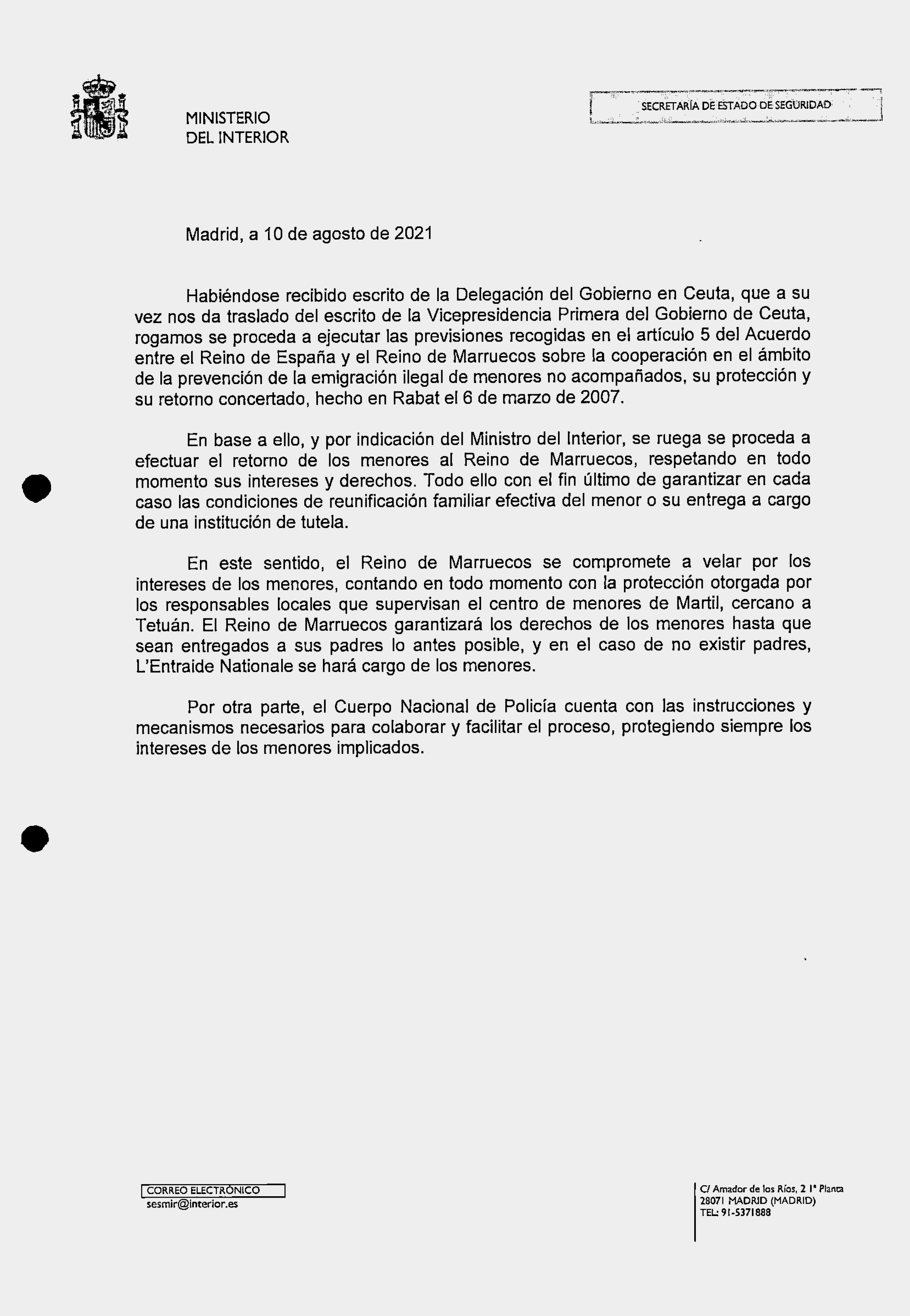 Extracto del e-mail remitido por Interior a Ceuta.