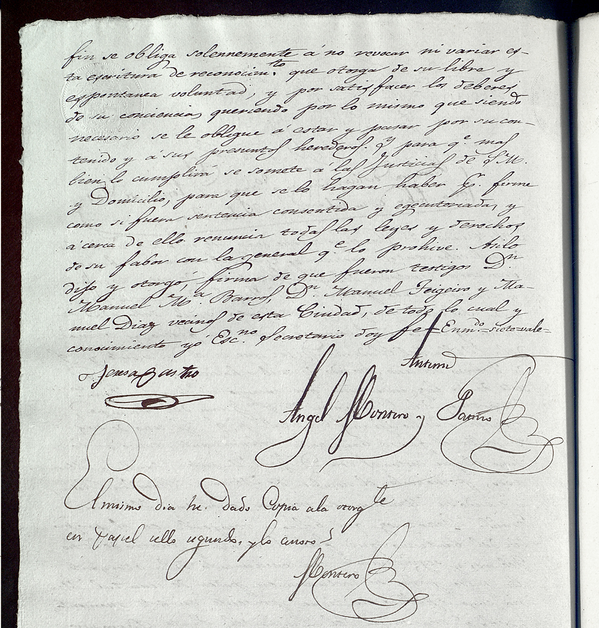 Acta notarial firmada por la madre de Rosala de Castro.