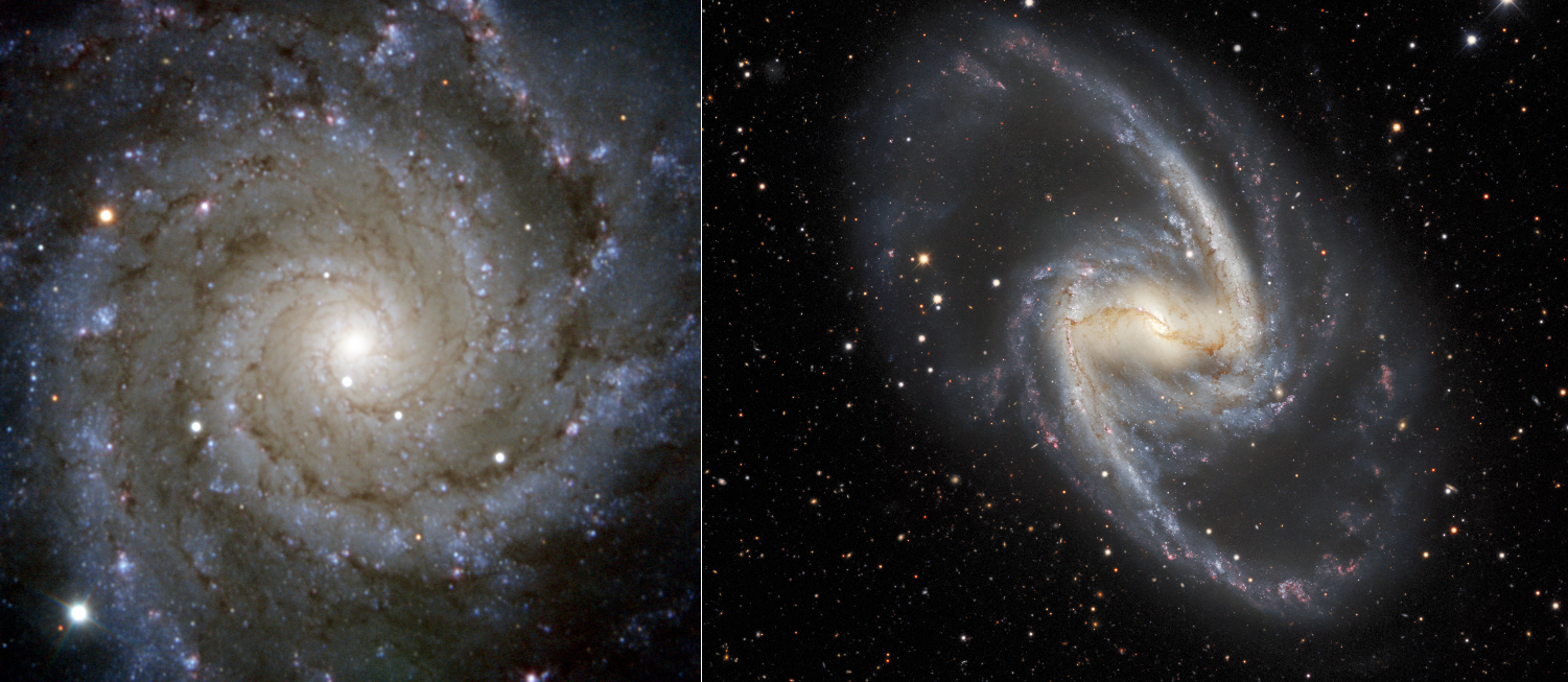 Messier 74 y NGC1365 observadas desde tierra con telescopios de gran campo.