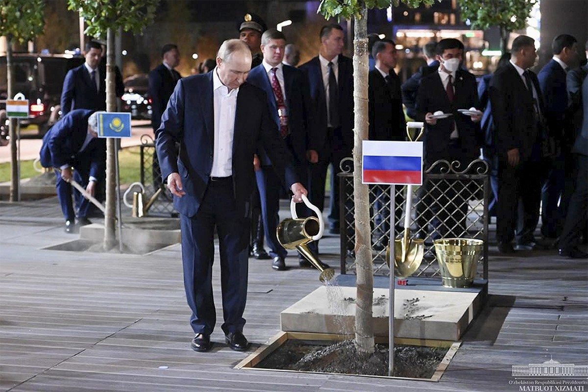 Putin plantando un rbol en Uzbekistn