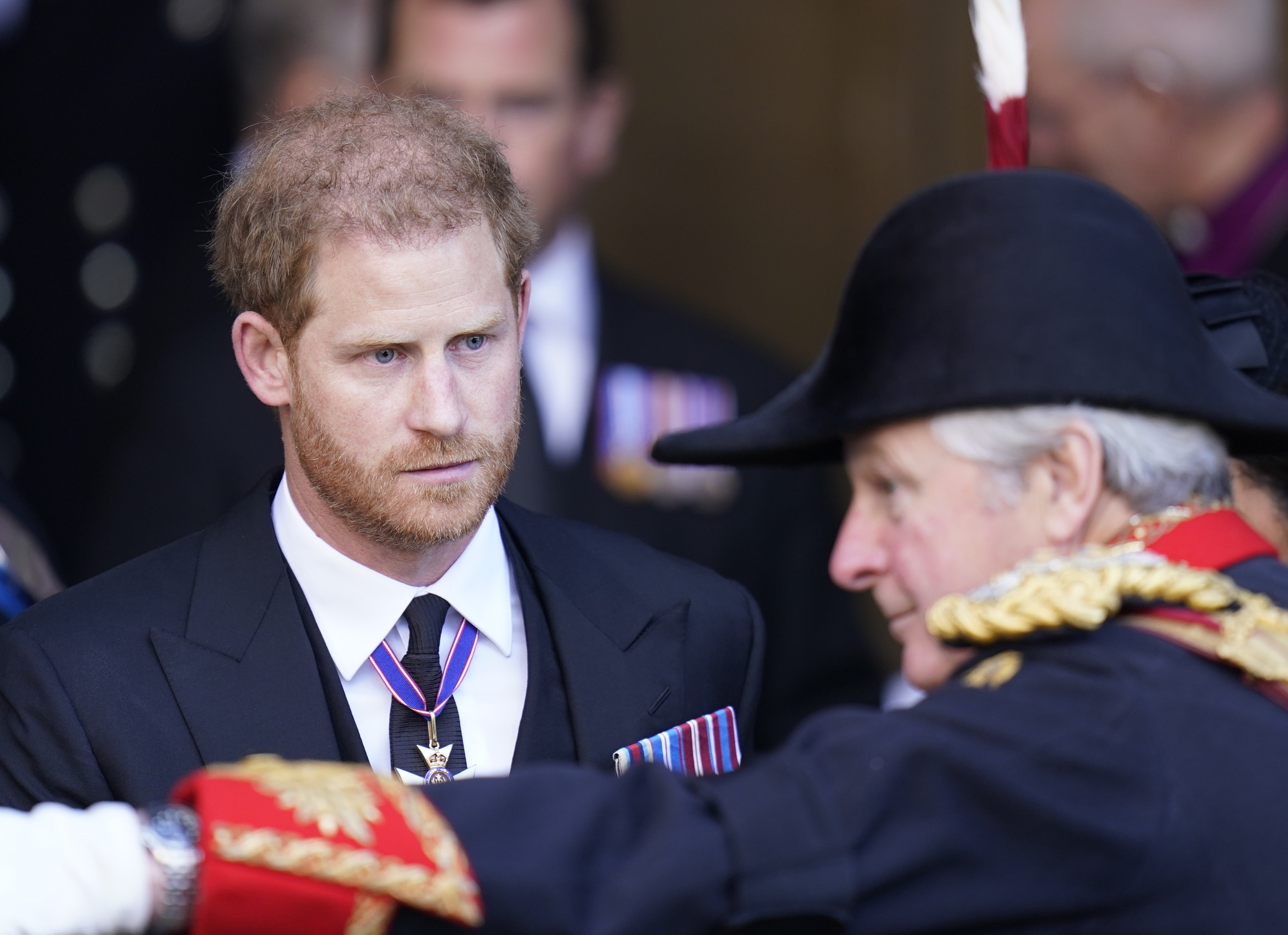 El duque de Sussex durante el funeral de su abuela.