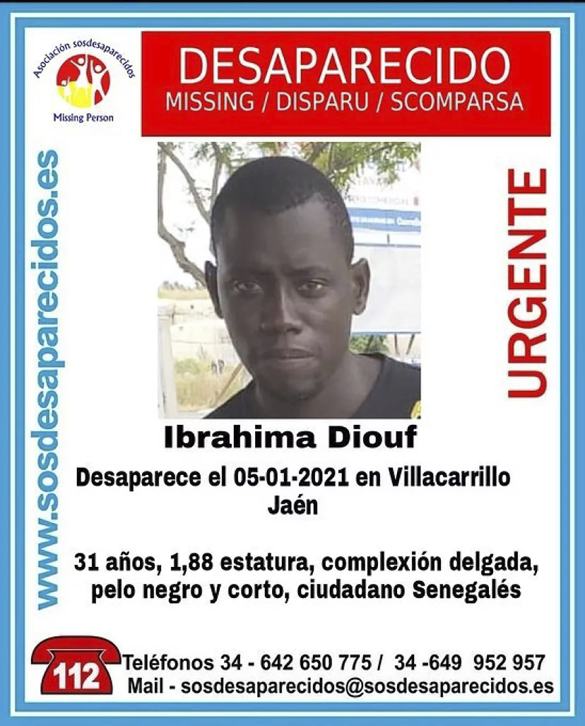 Cartel de la desaparición de Ibrahima Diouf.