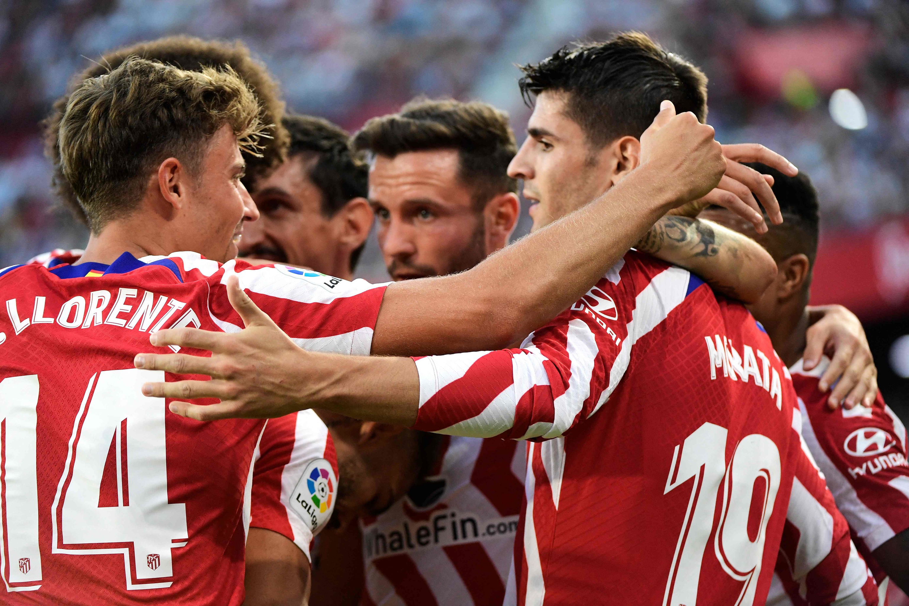 Los jugadores del Atlético de Madrid celebran un gol de Álvaro Morata en la última jornada de La Liga.
