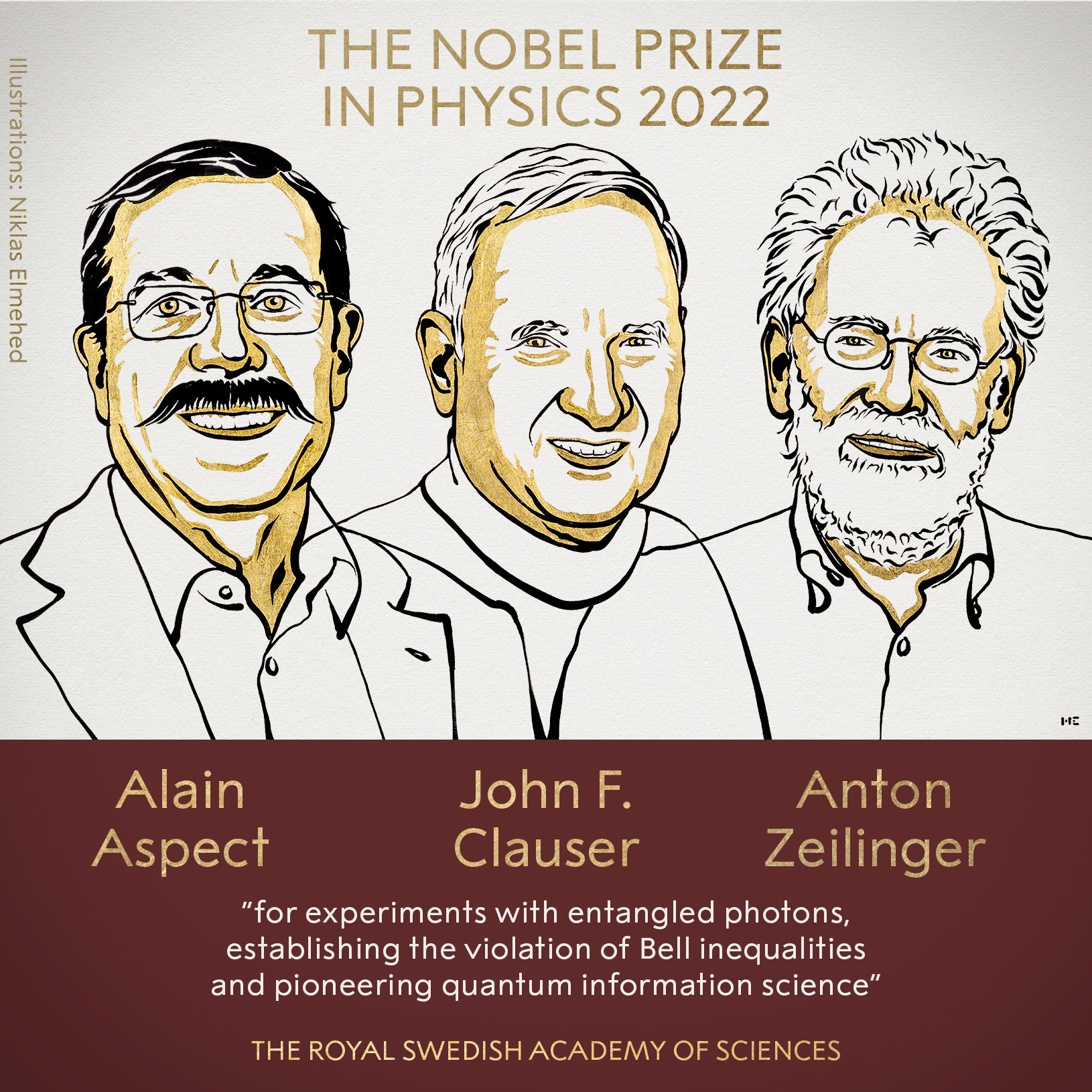 Ilustración, de izquierda a derecha, de los premiados Aspect, Clauser y Zeilinger.