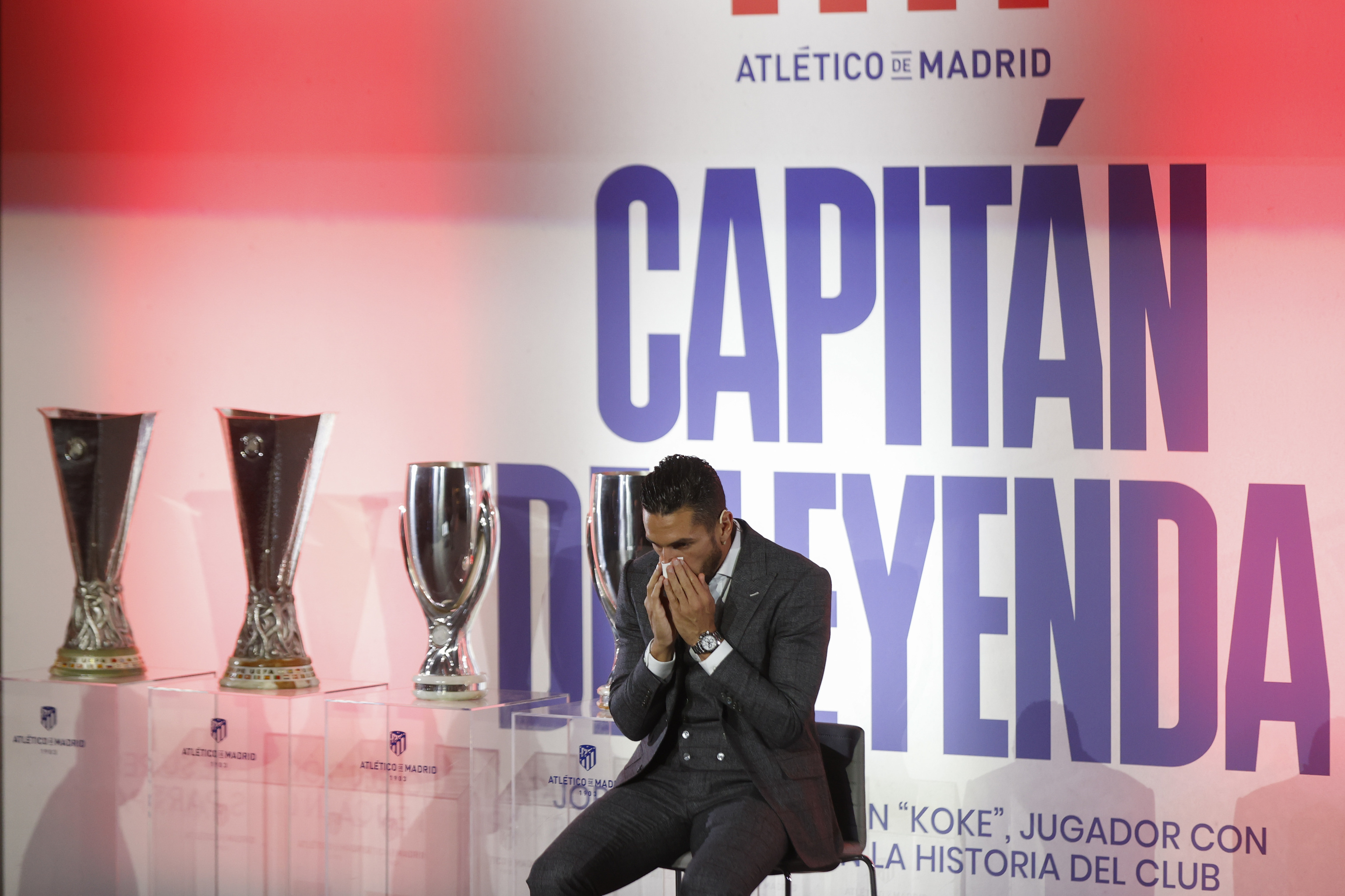 Koke, moved, during his tribute.
