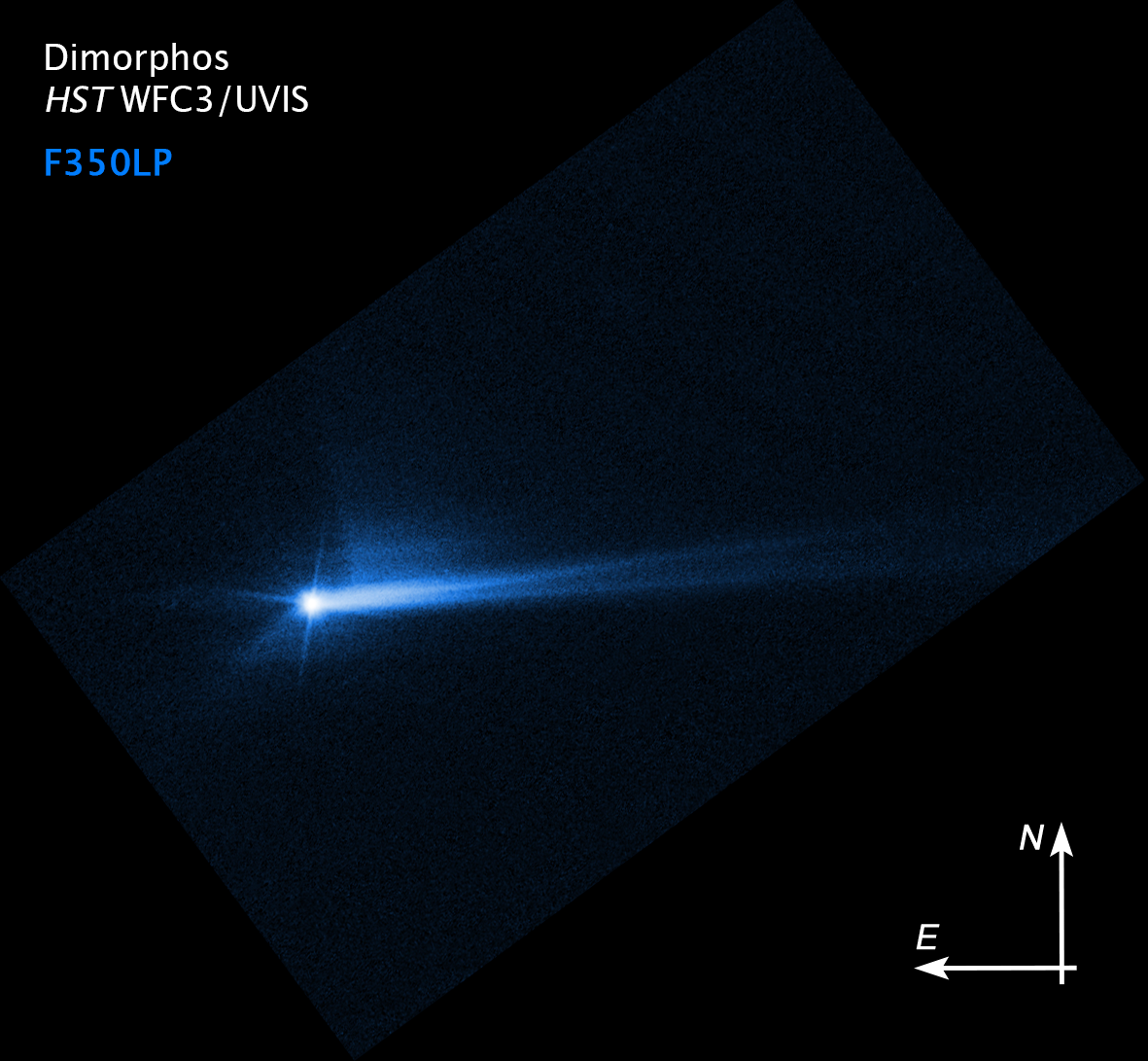 Esta imagen captada por el telescopio espacial 'Hubble'  el 8 de octubre muestra los restos que salieron desprendidos de la superficie de Dimorphos
