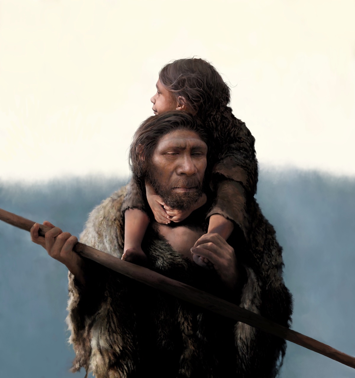 Recreacin de un padre neandertal con su hija.