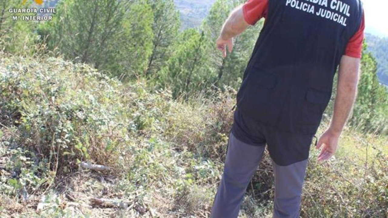 Un agente seala el lugar donde fue encontrado el cadver en Sos del Rey Catlico (Zaragoza).