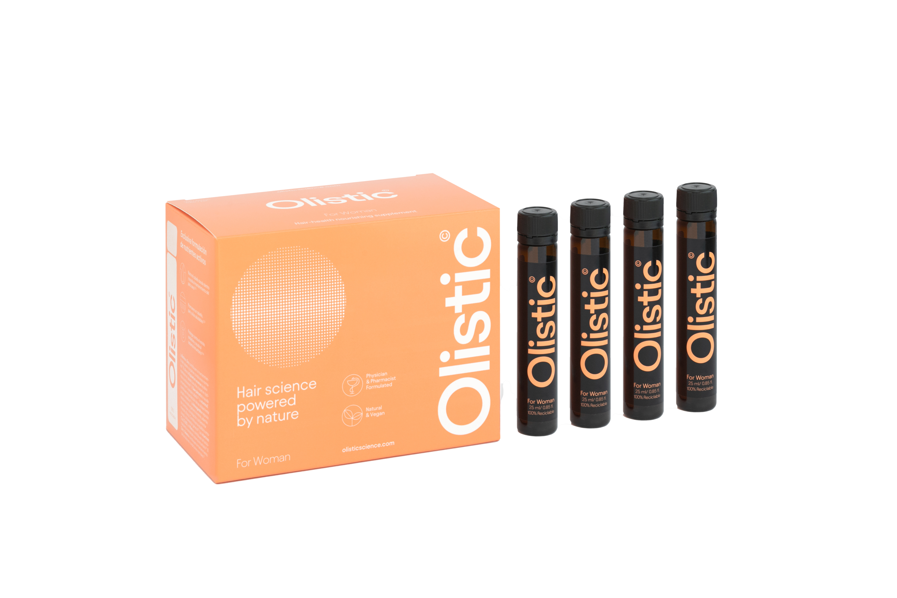 Los viales de Olistic concentran activos para combatir la prdida del cabello. Es un nutracetico vegano y natural.