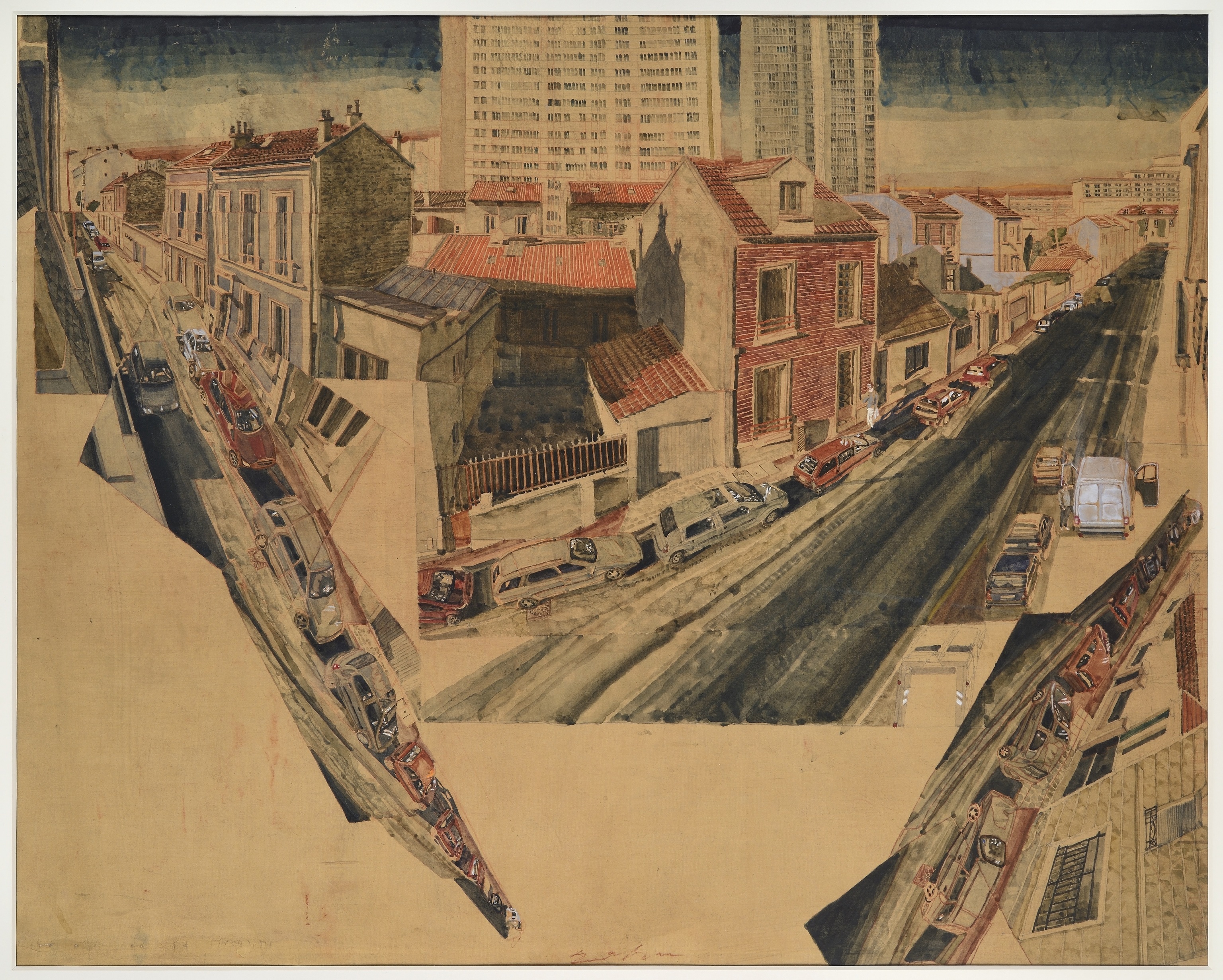 Una vista de la ciudad de Malakoff pintada en acuarela sobre seda (2014).