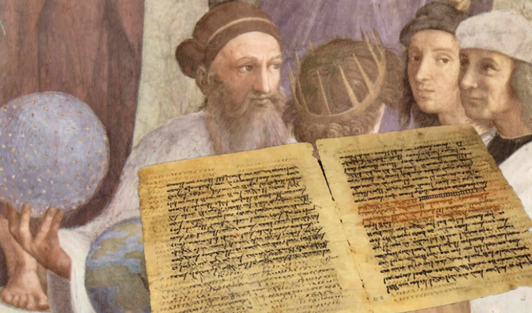 El Codex Climaci sobre un fragmento de La Escuela de Atenas de Rafael.