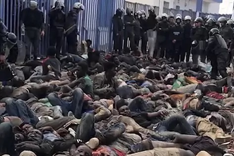 Agentes marroquíes junto a inmigrantes subsaharianos, heridos o muertos, que trataron de saltar la valla de Melilla en junio.