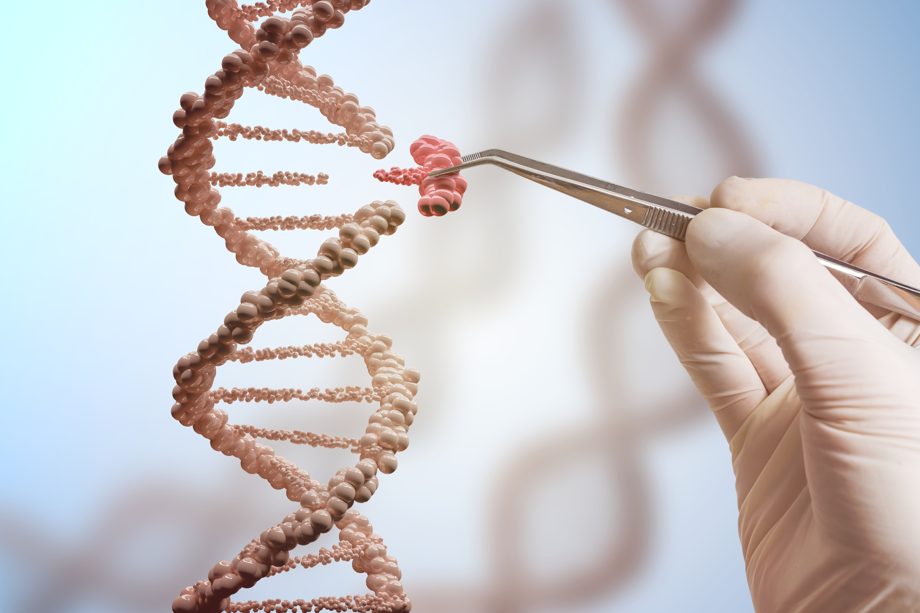 Imagen de concepto de ingeniería genética y manipulación de genes: la mano reemplaza parte de una molécula de ADN.