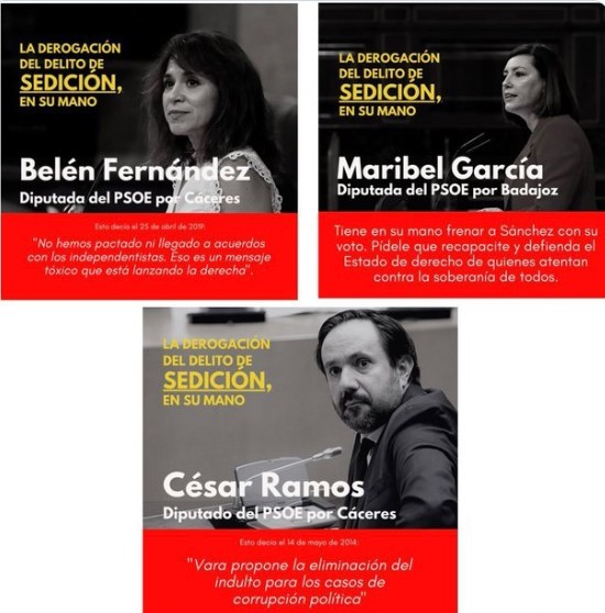 Campaña del PP dirigida a los diputados del PSOE antes de la votación para derogar el delito de sedición.