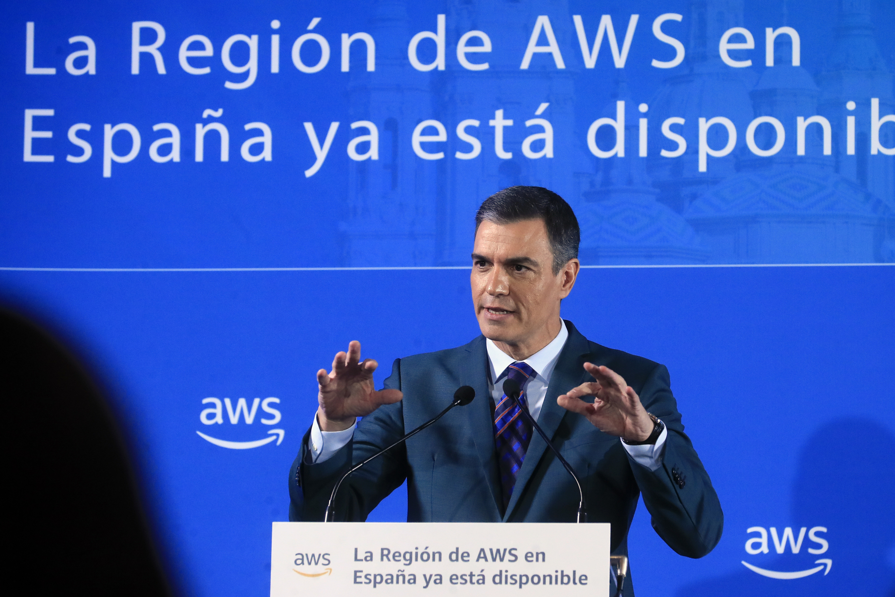 El presidente Pedro Sánchez, en el lanzamiento de AWS.