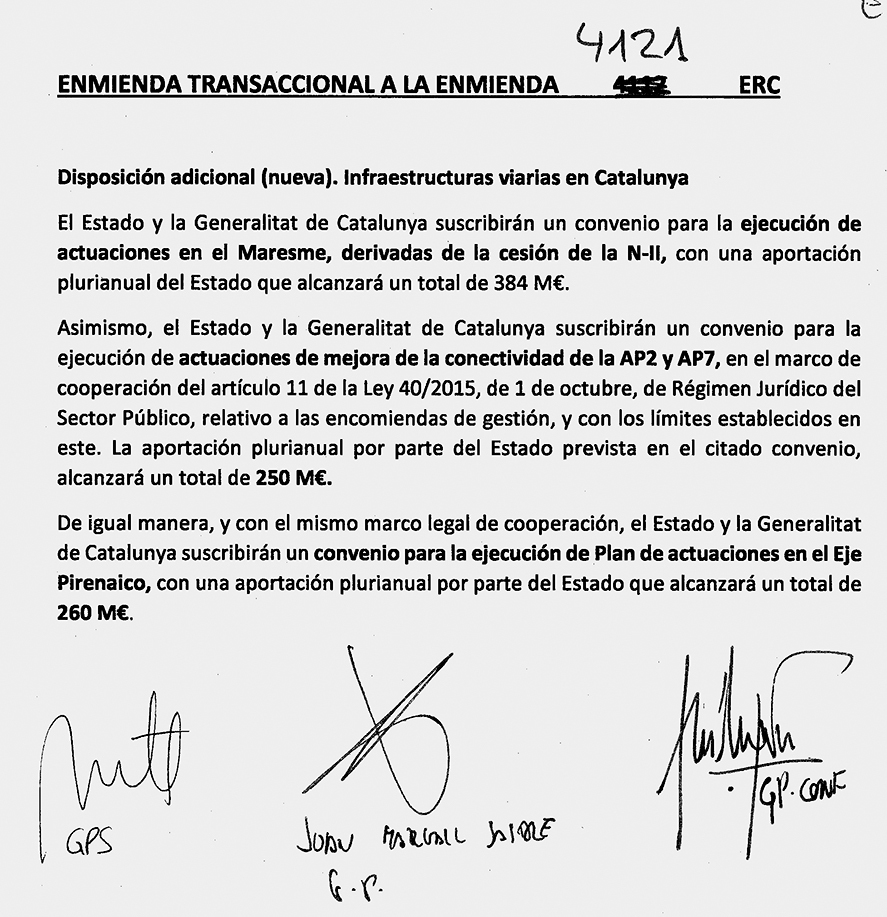 La enmienda clave de Esquerra que garantiza 894 millones a Cataluña firmada también por PSOE y Podemos