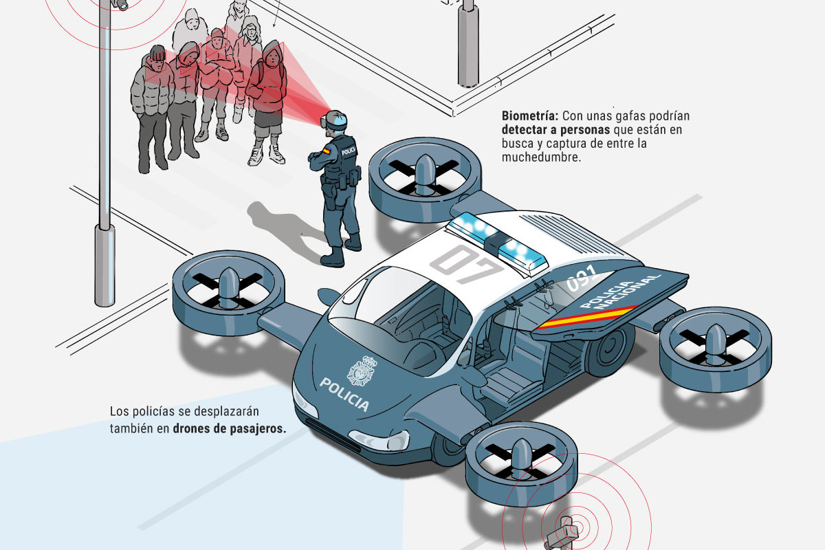 Recreación infográfica de cómo patrullará la policía en el futuro gracias a la tecnología