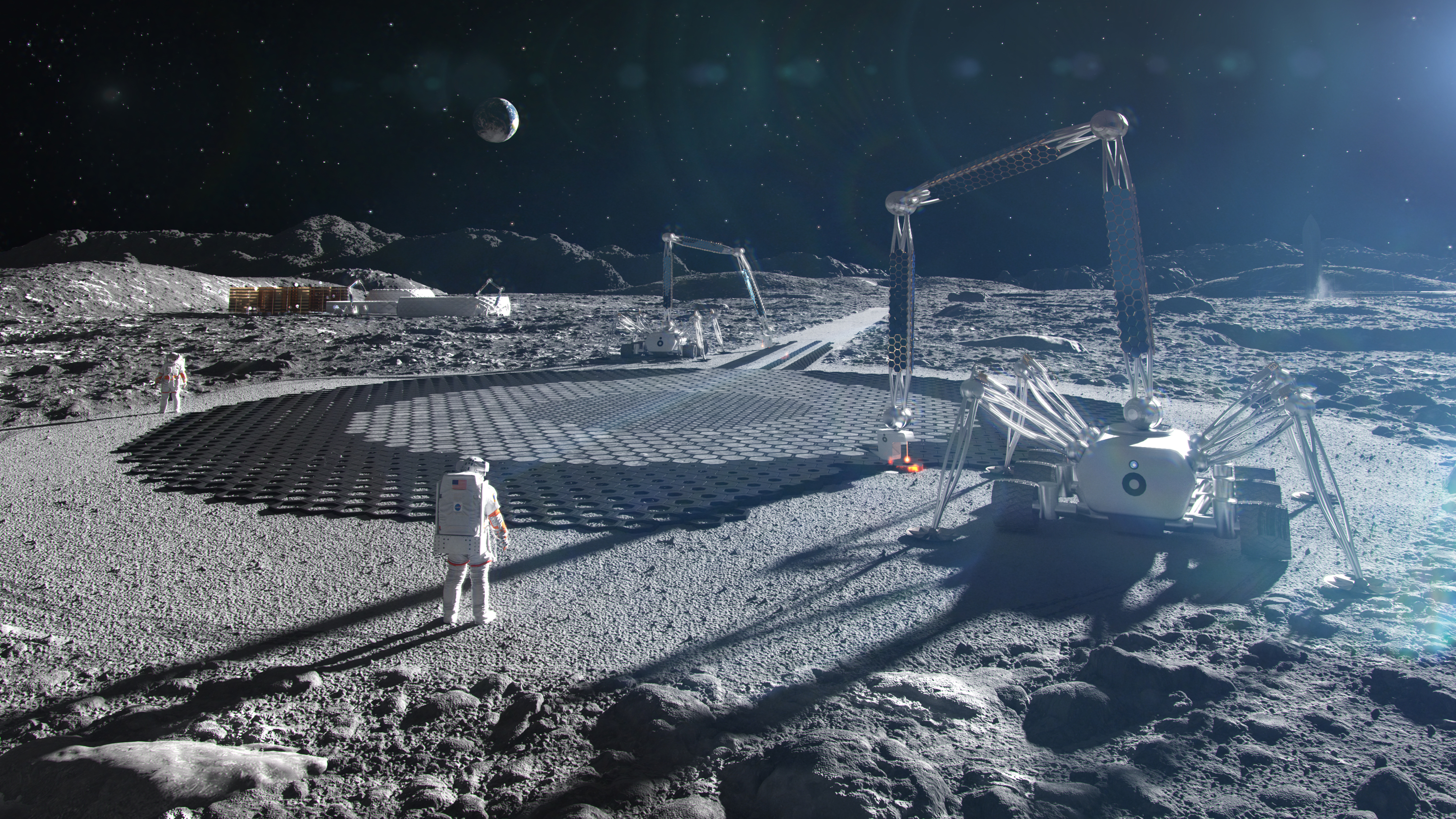 Recreación artística de astronautas construyendo infraestructuras en la Luna