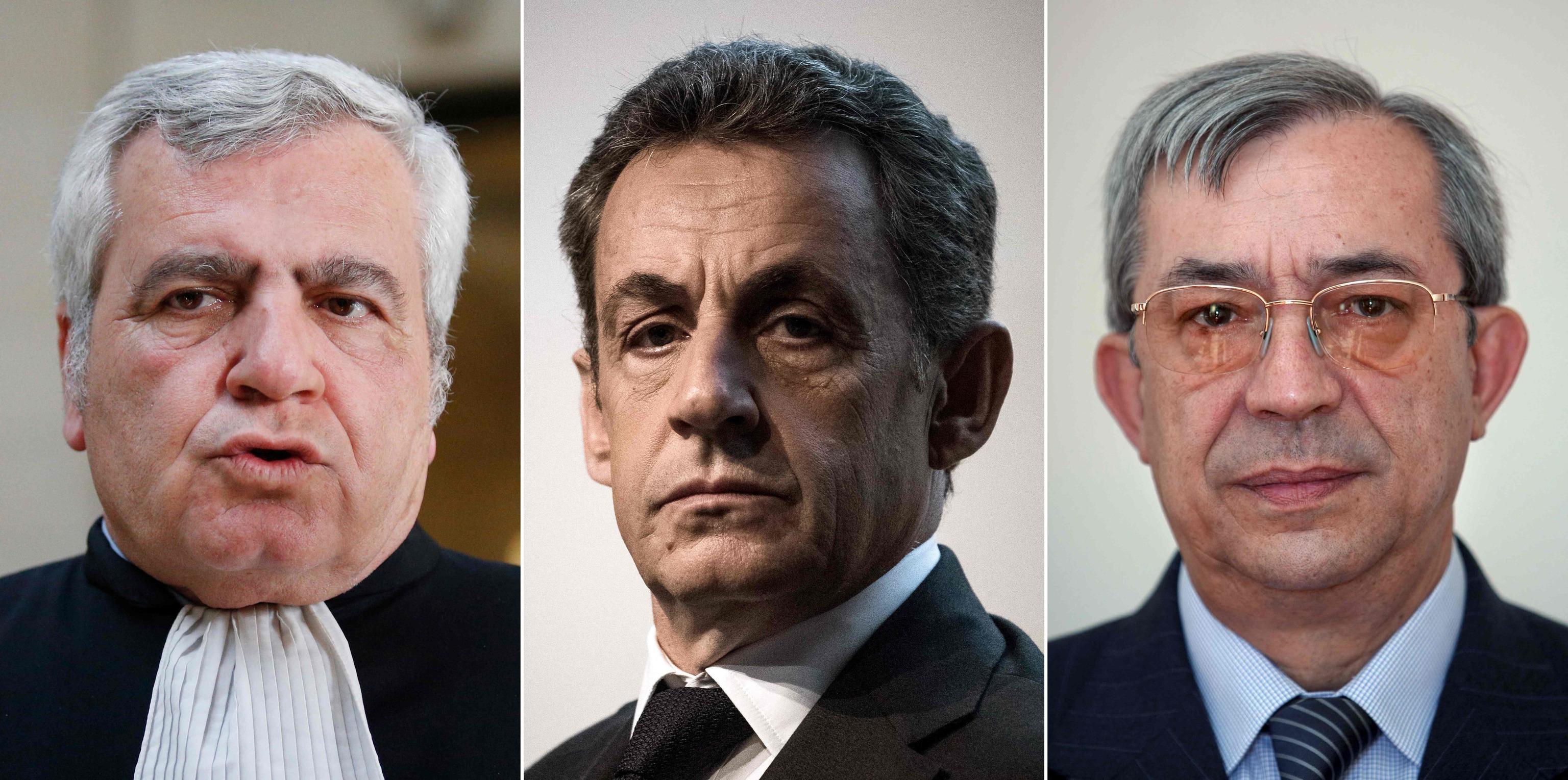 El abogado Thierry Herzog (izq.), Nicolas Sarkozy, y el juez Gilbert Azibert (dcha.).