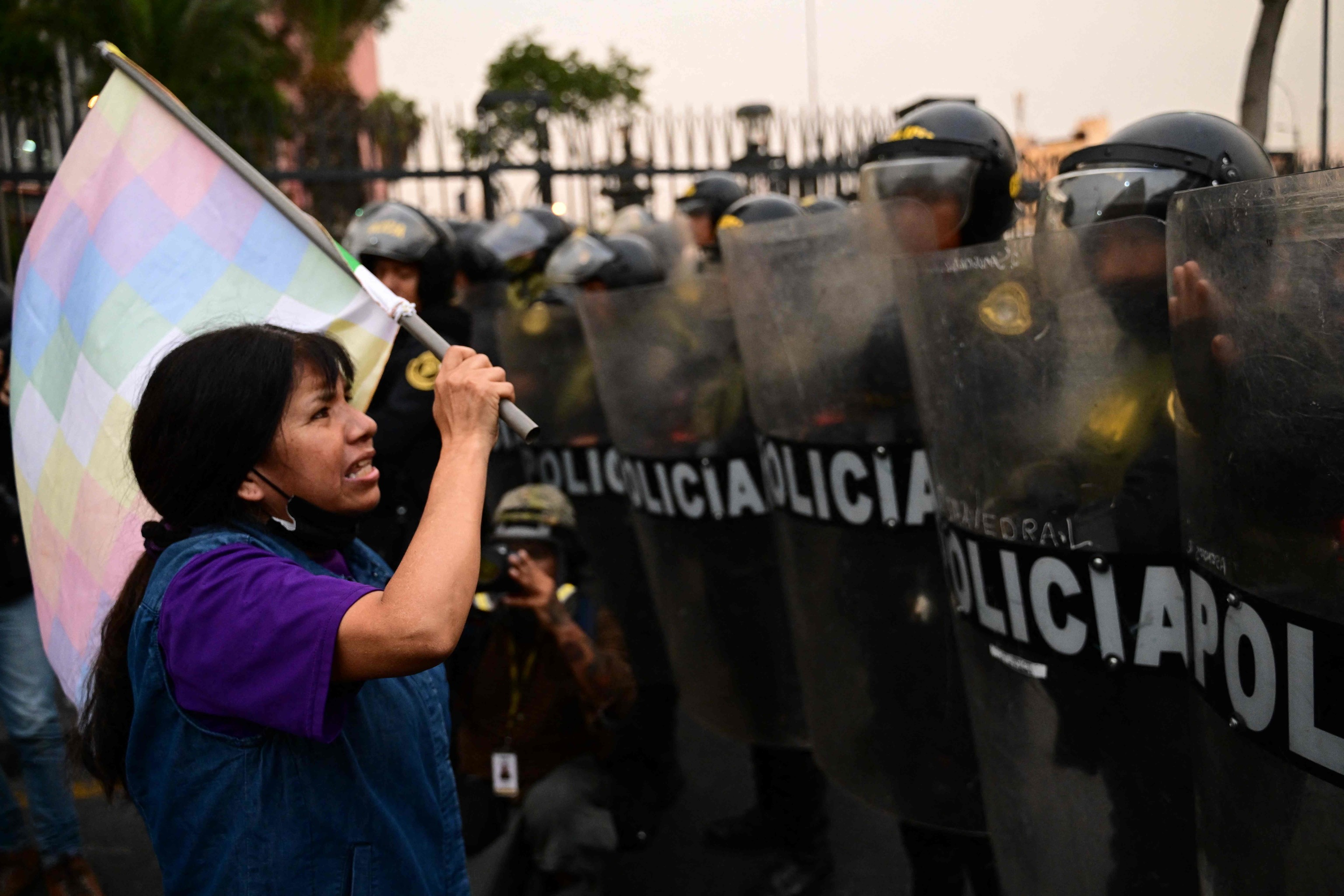 Una partidaria de Castillo se enfrenta a la polica antidisturbios, en Lima.