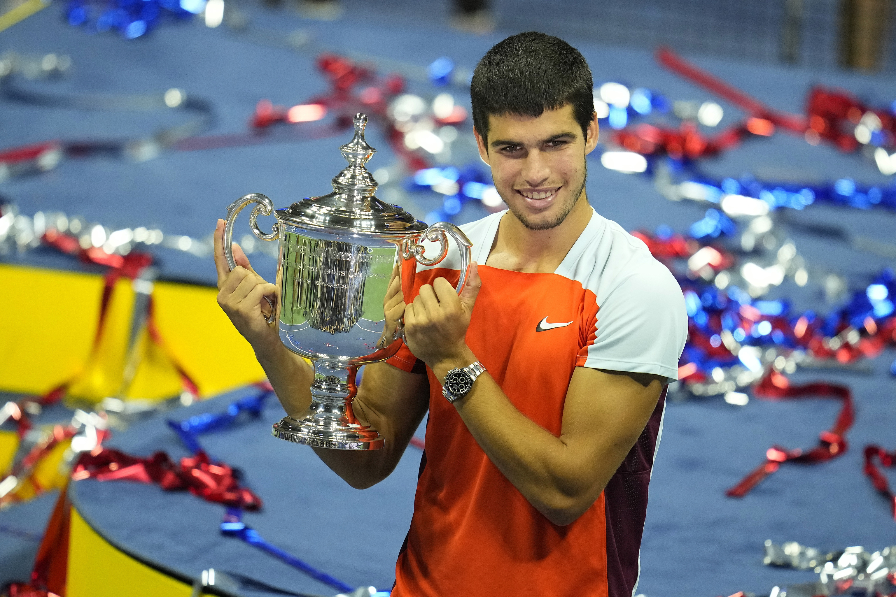 Carlos Alcaraz poses with his trophy after defeating Norway's Casper Ruud in the US Open final on September 11.