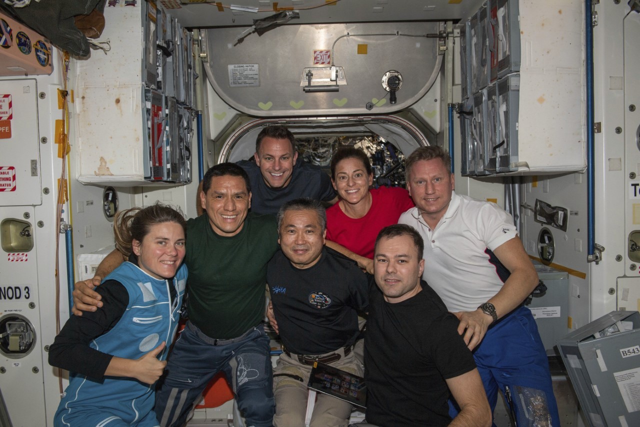 Current crew members of the International Space Station.  From left to right: Anna Kikina, Frank Rubio, Josh Cassada, Koichi Wakata, Nicole Mann, Dmitry Petlin, and Sergei Prokopyev.