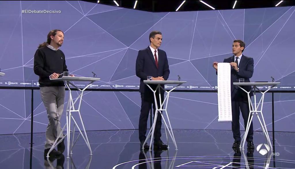 Pablo Iglesias, Pedro Snchez y Albert Rivera en el debate electoral de 2019 organizado por Atresmedia