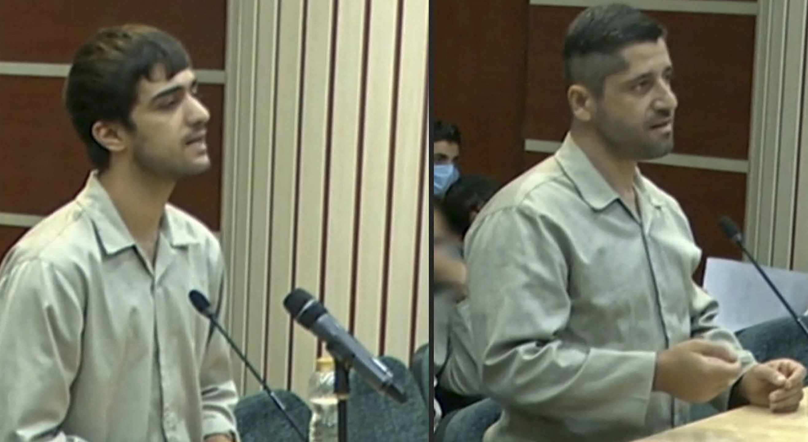 TOPSHOT - An image grab of footage obtained from Iranian State TV IRINN on January 7, 2023 shows Mohammad Mahdi Karami and Seyyed Mohammad Hosseini, who were executed for killing a member of  lt;HIT gt;Iran lt;/HIT gt;'s Basij paramilitary force amid protests, attending a court hearing in Karaj on December 5. - The latest hangings double the number of executions to four over the nationwide protests, which escalated since mid-September into calls for an end to  lt;HIT gt;Iran lt;/HIT gt;'s clerical regime. (Photo by IRINN / AFP) / RESTRICTED TO EDITORIAL USE - MANDATORY CREDIT - AFP PHOTO / HO / IRINN" NO MARKETING NO ADVERTISING CAMPAIGNS - DISTRIBUTED AS A SERVICE TO CLIENTS FROM ALTERNATIVE SOURCES, AFP IS NOT RESPONSIBLE FOR ANY DIGITAL ALTERATIONS TO THE PICTURE'S EDITORIAL CONTENT, DATE AND LOCATION WHICH CANNOT BE INDEPENDENTLY VERIFIED - NO RESALE - NO ACCESS ISRAEL MEDIA/PERSIAN LANGUAGE TV STATIONS/ OUTSIDE  lt;HIT gt;IRAN/ lt;/HIT gt; STRICTLY NI ACCESS BBC PERSIAN/ VOA PERSIAN/ MANOTO-1 TV/  lt;HIT gt;IRAN lt;/HIT gt; INTERNATIONAL /