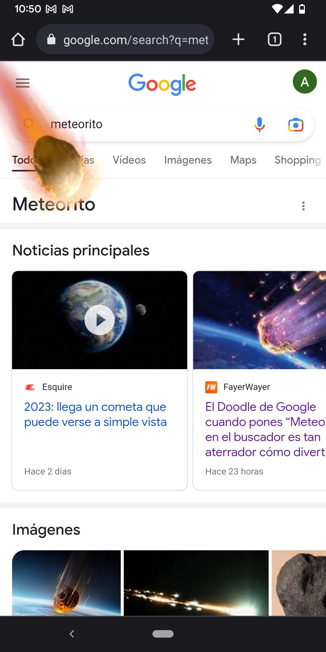 Captura de pantalla de la pgina de resultados de Google tras buscar la palabra meteorito.