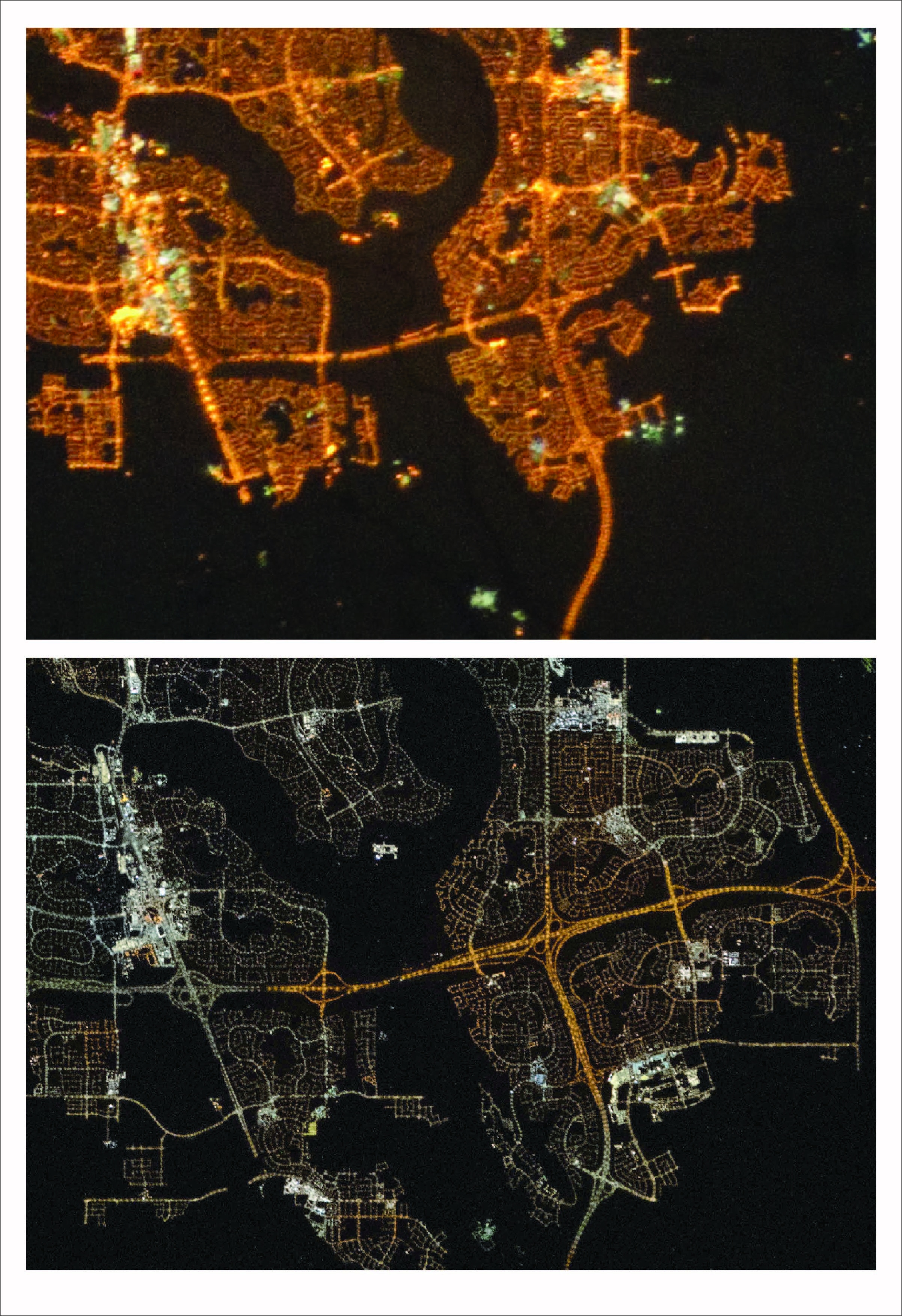 Fotos tomadas por astronautas de la misma zona de Southeast Calgary, Alberta (Canadá) en 2010 (arriba) y 2021 (abajo)