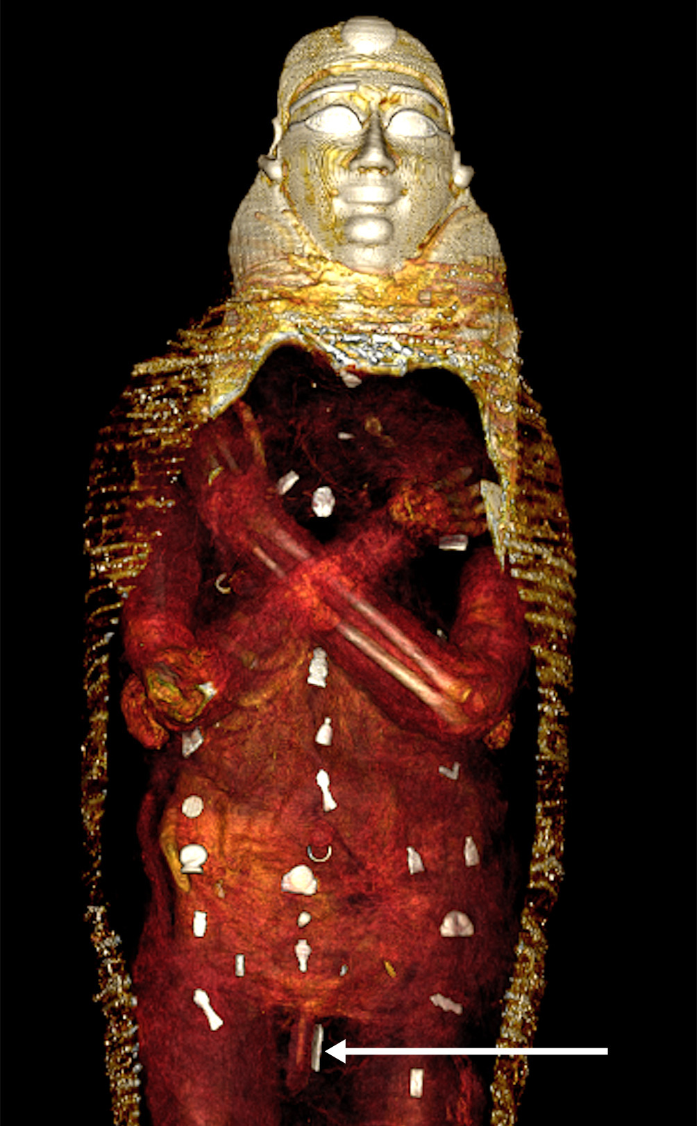 Vista de los amuletos distribuidos por el cuerpo en tres columnas