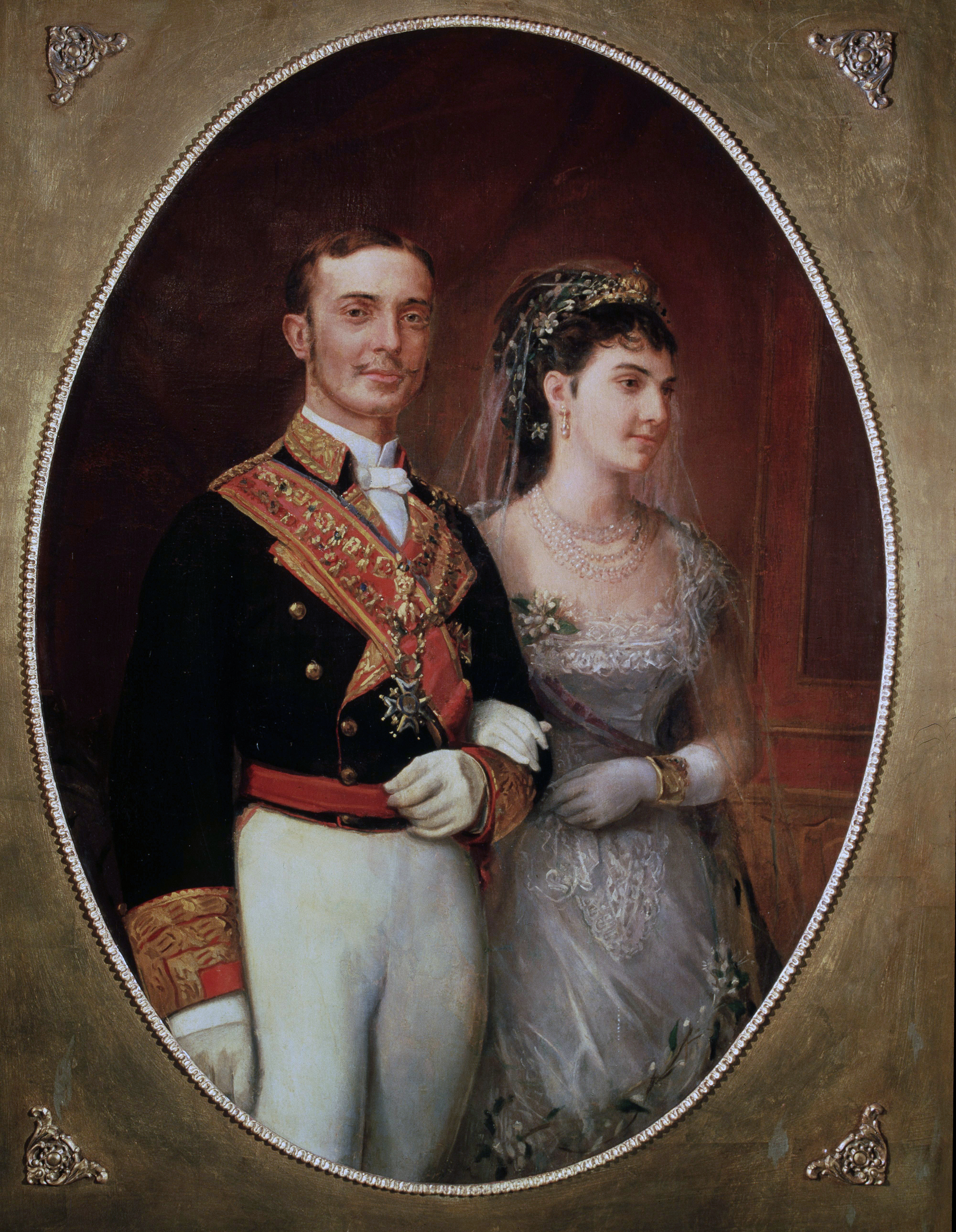 Alfonso XII y su esposa, Mara de las Mercedes de Orleans y Borbn, el da de su boda.