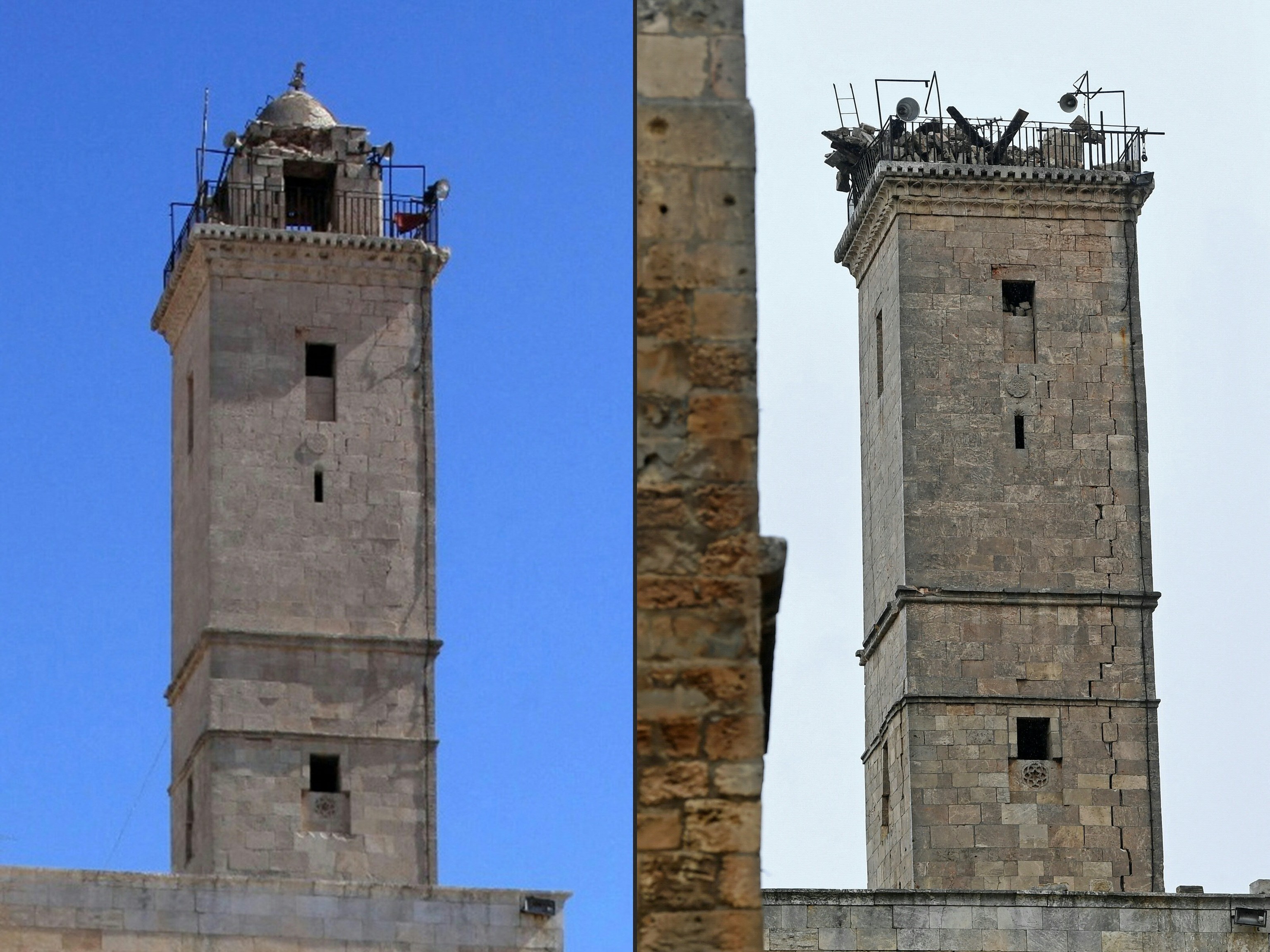 La mezquita ayubí de Alepo en 2016 (izda.) y ahora, tras perder su cúpula por el terremoto.