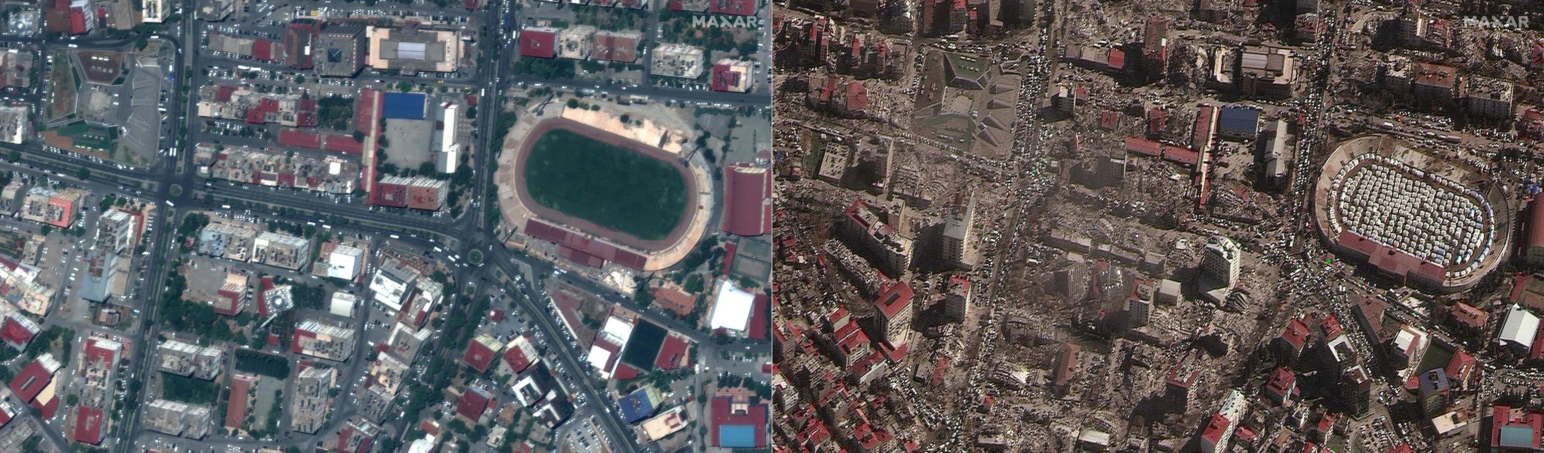 Edificios destruidos y un estadio de Kahramanmaras, Turquía, tras el terremeoto.