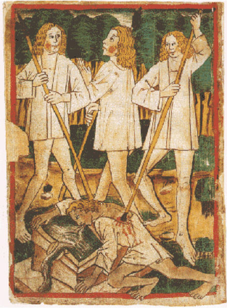 Muerte de Sigfrido representada en el 'Manuscrito Nibelungo K' (1480-90).