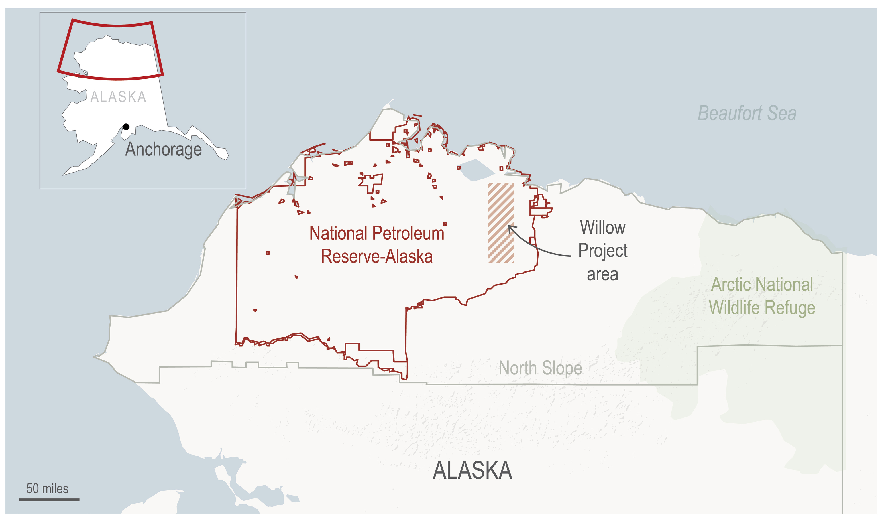 Mapa de Alaska en el que se muestra la zona en la que el proyecto Willow perforará crudo